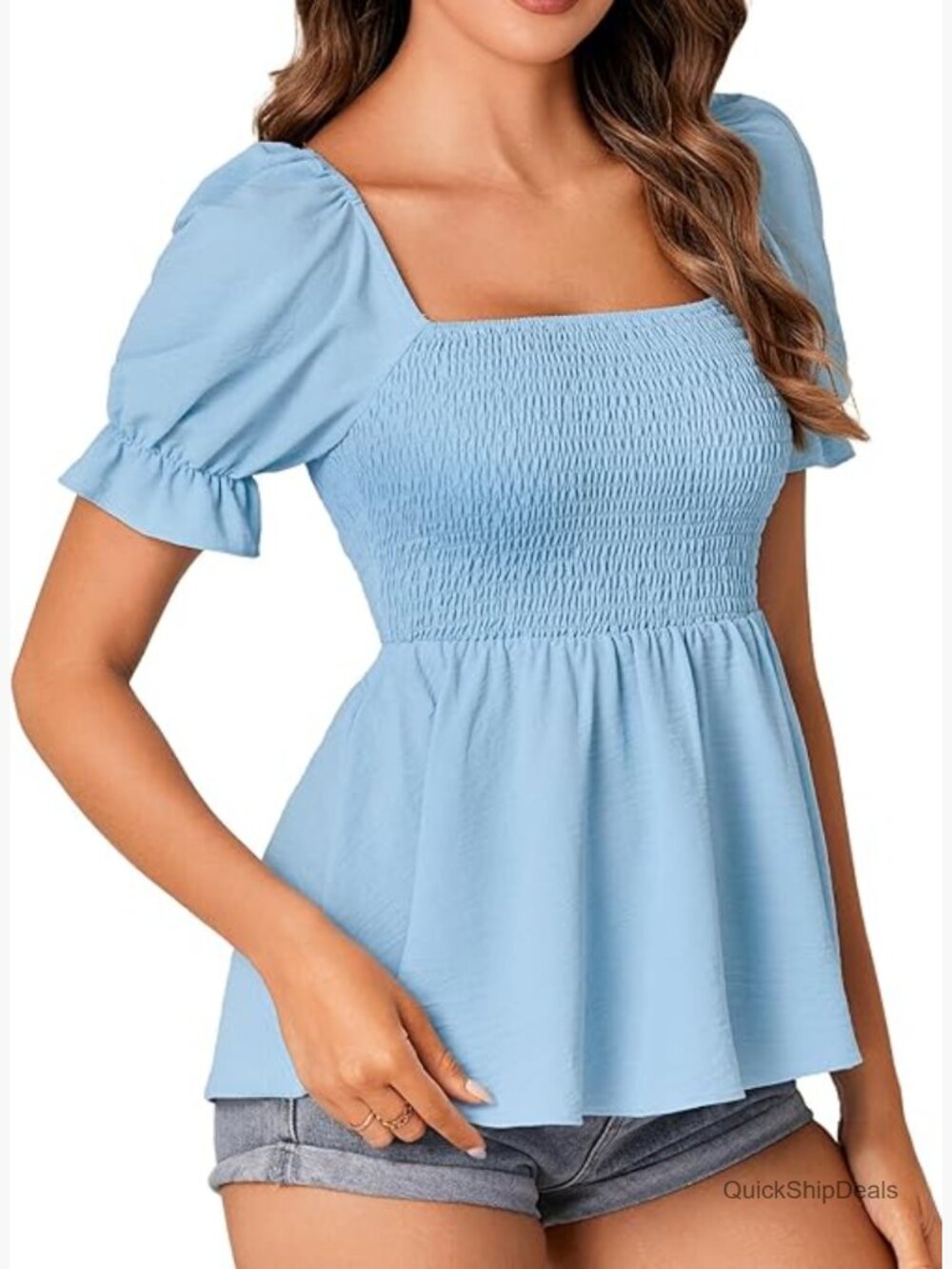 Square Neck Peplum Top Smocked Puff Sleeve Babydoll Shirred Blouse